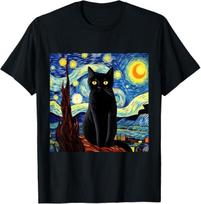 Art Funny Black Cat Painting Artist Van Gogh Starry Night T-Shirt Mens Womens Tees Top 4XL