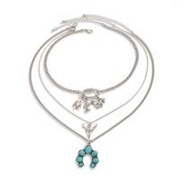 Cattle Turquoise Necklace Cowboy Hat Multi Layer Necklace Exquisite Bull Head Pendant  Gift 3Pc Set