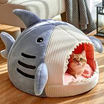 Warm Cat Beds Cartoon Shark Pet Cave Beds Sweet Kittens Basket Cushion Cat Pillow Mat Tent Puppy Nest Cave Pet Goods S (38x35x32cm) mėlyna