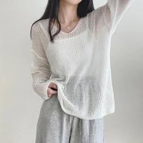 V-neck Fashion Loose Pullover Knitted Sweater Thin Sunscreen Blouse Women Long Sleeve Cover Up 2025 New Elegant Solid Knitwear Korean Solid Color Top one size balta