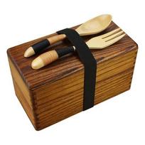 Ru Han Japanese Wooden Double-Layer Bento Box with Spoon & Fork Set