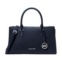 MICHAEL KORS Arden woven leather trimmed monogram PU and polyester tote medium women's navy blue mėlyna