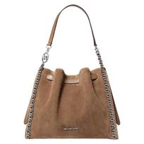 MICHAEL KORS Mina Silver Metal Finish Magnetic Closure Suede Shoulder Bag Large Women's Taupe sidabras