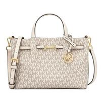 MICHAEL KORS Carson Detachable Shoulder Strap Branded Logo Print Charm Coated Canvas Handbag Small Women's Beige smėlis