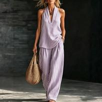 Women Linen V Neck Sleeveless Top and Wide Leg Pants Set Casual Loose Fit Striped Two Piece Outfit for Daily Wear XL violetinė