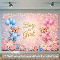 Blue Pink Floral Gender Reveal Backdrop with Teddy Bears and Glitter Lights for Photoshoot 47.2x31.5inch/120*80cm
