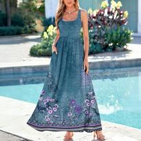 Summer Dresses for Women Flowy Casual Maxi Dress Sleeveless Scoop Neck Floral Print Sundress with Pockets XL mėlyna