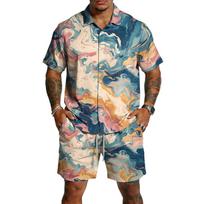 Men's Casual Lightweight Breathable Short Sleeve Polo Shirt and Drawstring Shorts Set with Abstract Swirl Print Suitable for Summer Outdoor Activities L