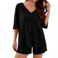 Womens V Neck Short Sleeve Top and Shorts Set Loose Fit Two Piece Loungewear Lightweight Soft Pajama Set for Home Wear XXL juoda