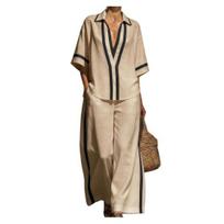 Color Block 2 Piece Sets for Women Short Sleeve Deep V Neck Shirts And Wide Leg Pants Summer Lounge Outfits XL chaki