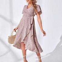Moteriška vasarinė Sexy Waist Waist Waist Gėlėta suknelė trumpomis rankovėmis V formos iškirpte S rožinė