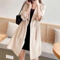 Autumn Windbreaker Women's Thin Coat Korean Version Single-Layer Fashion Drawstring Slim Trench Coat Top with 3/4 Sleeve XS chaki