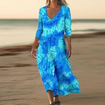 Dresses For Womens Vintage Print Tunic Waisted Midi Dress Summer Casual  3/4 Sleeve Dress M mėlyna
