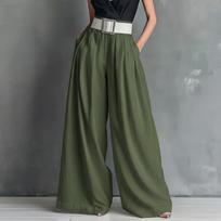 Women's Fashionable Color Pocket High Waist Loose Wide Leg Casual Pants L armijos žalia spalva