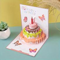 1pc 3D Pop-Up Birthday Card (With Envelope) Special Glitter Paper Birthday Cake, Butterfly Pattern Greeting Card Party Supplies rožinė