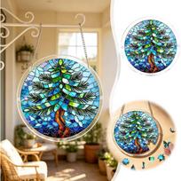 2D Acrylic Puzzle Suncatcher Window Hanging Decor Stained Glass Style Tree Design Round Ornament for Home Office Indoor Outdoor Use One Size