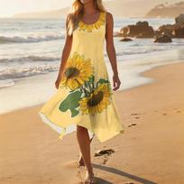 Women's Casual Sleeveless Floral Print Dress Round Neck Asymmetric Hem Mid-Length Summer Dress Comfortable Fit Lightweight Fabric L oranžinė