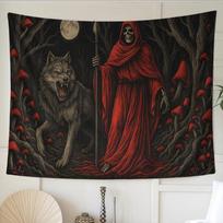 Dark Gothic Death and Wolf tapestry 75x100 juoda