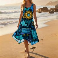 Sleeveless Floral Print Midi Dress for Women Casual Loose Fit Asymmetrical Hem Summer Sundress Lightweight Soft Fabric M