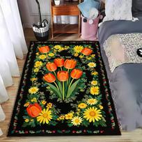 Floral Carpet with Orange Tulips and Yellow Daisies on Black Background Suitable for use as an anti-slip for living room bedroom sofas 40x60cm( 15x23in )