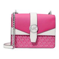 MICHAEL KORS Greenwich Silver Metal Logo Chain Shoulder Strap Faux Leather Shoulder Bag Small Women's Rose Red sidabras
