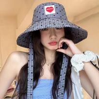 Lace Up Drawstring Sun Hat Sun Protection Heart Printed Bucket Hat Hiking Fisherman Hat  Summer violetinė