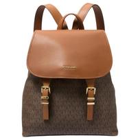 MICHAEL KORS Quinn letter logo print patchwork design, artificial leather backpack, medium size, women's, dark brown with acorn brown ruda