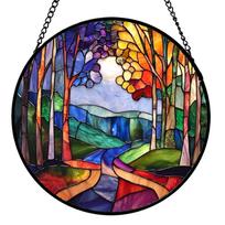 Round Stained Glass Window Hanging Suncatcher with Tree and River Landscape Design Decorative Panel for Indoor Outdoor Use one size