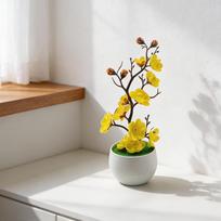Plastic Fake Plum Blossom Bonsai Branch for Seasonal Decor Stability with Realistic Flower Tray Planting Design geltona