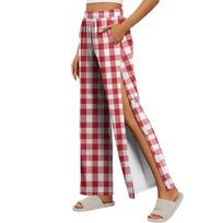 Women Plaid Side Velcro Closure Easy Open Post Surgery Recovery Care Long Pants Adjustable Fit Soft Fabric S raudona