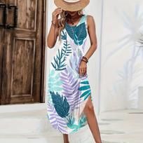 Women Sleeveless Casual Maxi Dress Loose Fit Hawaiian Print Long Summer Dress with Side Slit Beachwear Vacation Dress M