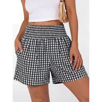 Women's Casual Plaid Shorts with Elastic Waistband and Pockets Loose Fit Wrinkled Design Lightweight Summer Bottoms S juoda