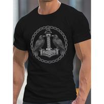 European Sizes Men's Norse Viking Odin Rune & Mjolnir Hammer T-Shirt - Viking & Rune Circle Print, Casual Short Sleeve Summer Top with Norse Mythology S įvairiaspalvis