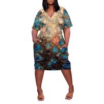 Plus Size V Neck Short Sleeve Knee Length Casual Dress with Pockets Retro Floral Print Comfortable Fit XXXL