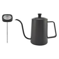 600ml Stainless Steel Coffee Kettle Gooseneck Spout Teapot with Thermometer(Black) juoda