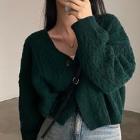 Long Sleeve V-neck Twist Design Short Cardigan Sweater Solid Color Knitted Jacket Fall Autumn and Winter Loose Retro Casual Women's Clothing one size