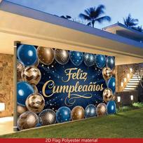2D  Feliz Cumpleaños  Backdrop, Spanish Blue Gold Happy Birthday Party Photo Banner 47.2x31.5inch/120*80cm