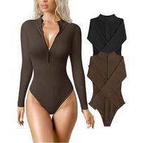 European and American long-sleeved onesie sexy ribbed onesie front zipper long-sleeved top onesie S