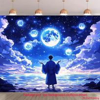 2D Magical Blue Moon Backdrop Glowing Starry Sky Ocean Photo Booth Banner 47.2x31.5inch/120*80cm