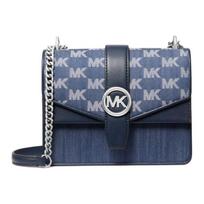 MICHAEL KORS Greenwich Presbyopia Logo Print Silver Round Metal Fabric and Artificial Leather Shoulder Crossbody Bag Small Women's Navy Blue mėlyna