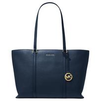 MICHAEL KORS TEMPLE pendant metal accessories pebbled tote bag leather handbag large size women's navy blue mėlyna