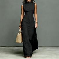 Sleeveless Maxi Dress with Stand Collar and Single Row Button Closure Long Length Casual Summer Dress for Women L juoda