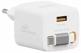 Įkroviklis Swissten Swissten SlideCHARGE Power Charger GaN 30W USB-A 18W With retractable USB-C cable 0.75m baltas