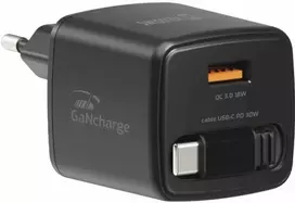 Įkroviklis Swissten Swissten SlideCHARGE Power Charger GaN 30W USB-A 18W With retractable USB-C cable 0.75m juodas