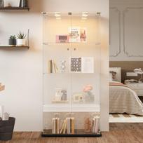 LED stiklinė vitrina, iššokanti lempa, moderni daiktadėžė su 4 lentynomis, 2 durelėmis kolekcinėms figūrėlėms, žaislams, vynui, 163x78x35cm, juoda