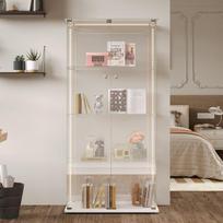 LED stiklinė vitrina, iššokanti lempa, moderni daiktadėžė su 4 lentynomis, 2 durelėmis kolekcinėms figūrėlėms, žaislams, vynui, 163x78x35cm, balta