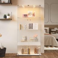 LED stiklinė vitrina, iššokanti lempa, moderni daiktadėžė su 4 lentynomis, 2 durelėmis kolekcinėms figūrėlėms, žaislams, vynui, 163x78x35cm, balta
