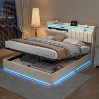 Minkšta lova su LED apšvietimu ir funkcionaliu C tipo USB įkrovimu, galvūgalio laikikliu ir grotelių rėmu, 160x200 cm, smėlio spalvos aksomu (be čiužinio)