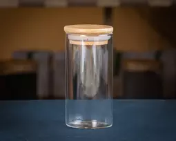 Stiklinis indas biriems produktams su bambukiniu dangteliu (5,5x11 cm, apie 0,2 L)