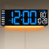 16,5" skaitmeninis LED laikrodis su nuotolinio valdymo, automatinis apšvietimas, data, temperatūra, mėlynas
